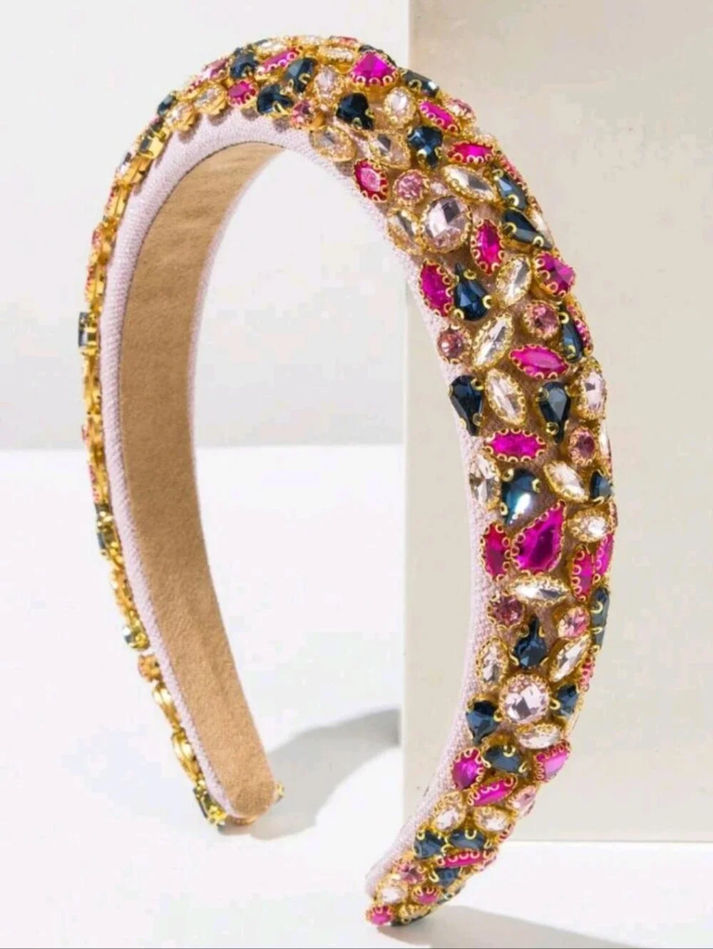 Baroque Style Embellished Pink Navy Champagne Gemstone Headband